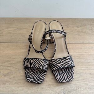 Ana Taylor Zebra Print Linen Blend Two Strap Block Heels